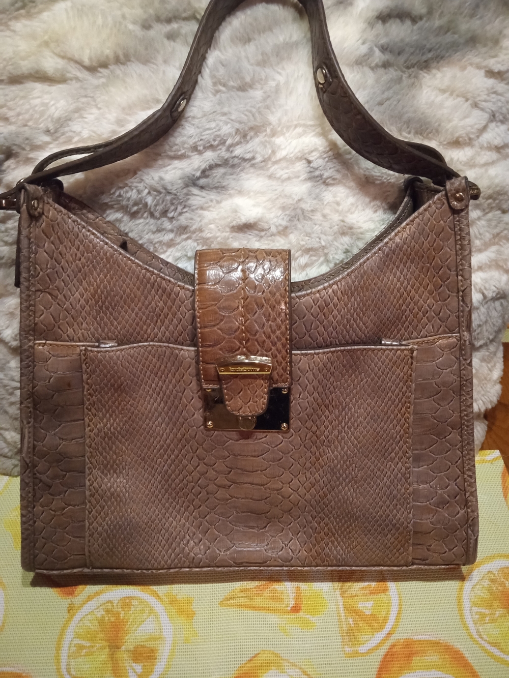 Liz Claiborne Brown Faux-Snakeskin Shoulder Bag with Gold-Tone Accent